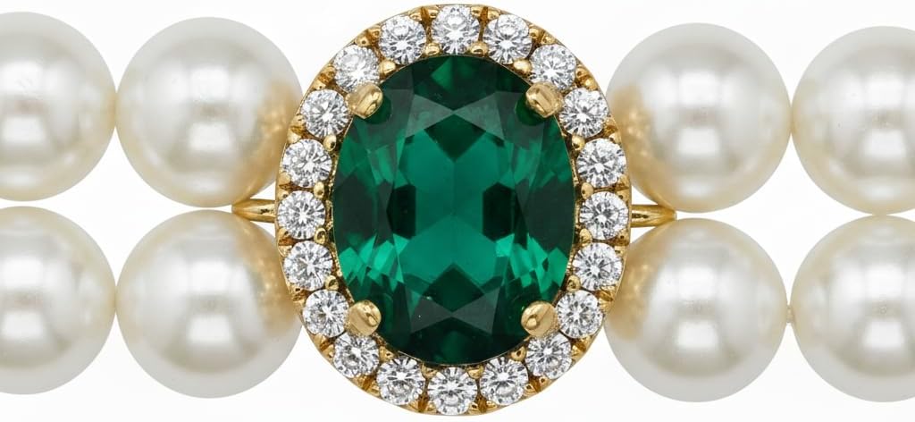 Close up view of the emerald green gemstone charm and adjustable metal extension chain on the Hotlion pet necklace.