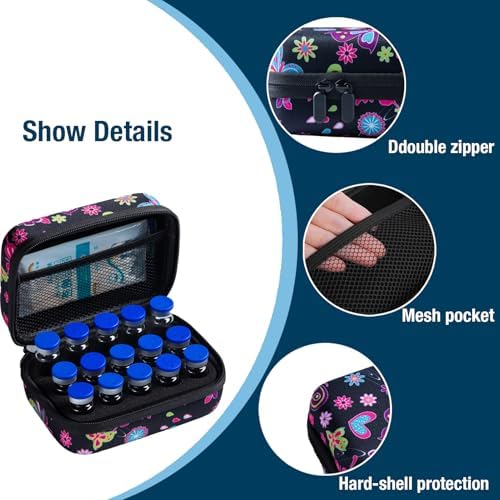 Close up of MiloZen butterfly pattern diabetic case interior mesh pocket filled with syringes and alcohol pads
