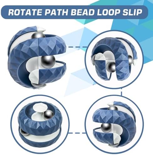 Side perspective of the blue orbit ball fidget toy demonstrating how the segments twist to change path directions.