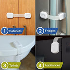 Full contents of the twelve pack toddler safety kit neatly arranged showing all white flexible latches.