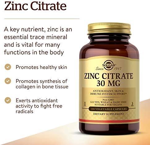 Side view of Solgar Zinc Citrate bottle displaying non-GMO and vegan certifications