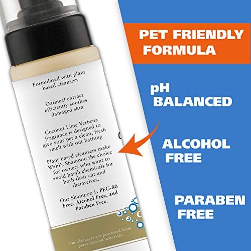 Wahl 7.1 fluid ounce waterless cat shampoo bottle label highlighting natural oatmeal ingredients.