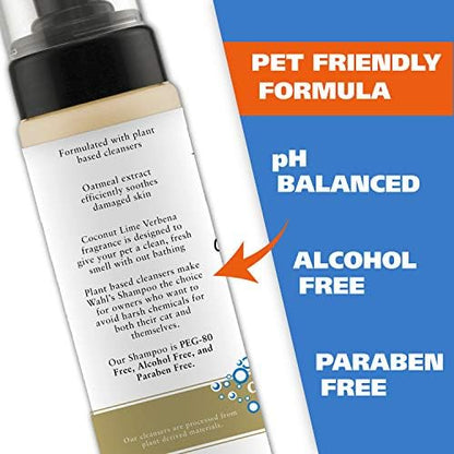 Wahl 7.1 fluid ounce waterless cat shampoo bottle label highlighting natural oatmeal ingredients.