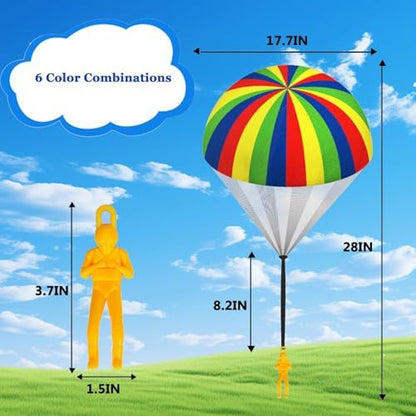 Children launching the utosday flying paratrooper toys high in an outdoor park setting.