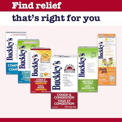 Buckley's complete syrup for multi symptom cold relief unboxed setup showing the large 250 Milliliter liquid volume.