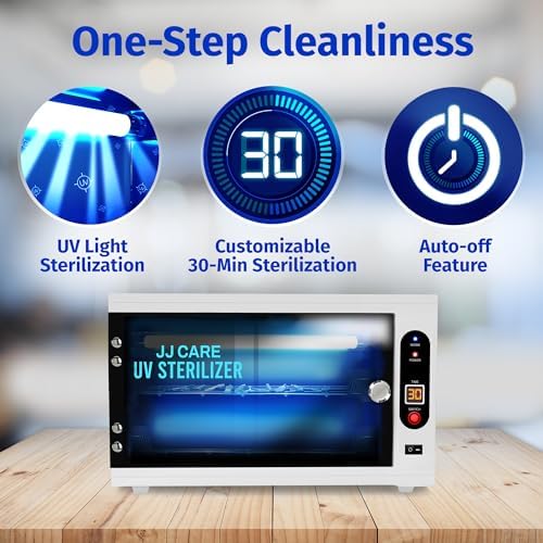JJ Care professional UV sterilizer unit with door open revealing stainless steel interior