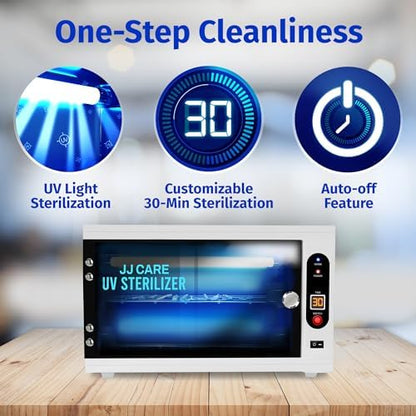 JJ Care professional UV sterilizer unit with door open revealing stainless steel interior