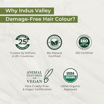 Indus Valley authentic imported organic hair color back panel with instructions for allergy patch testing.