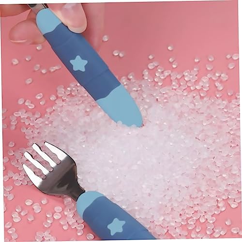 Toyvian children feeding utensils showcasing the blue ergonomic nonslip handles.