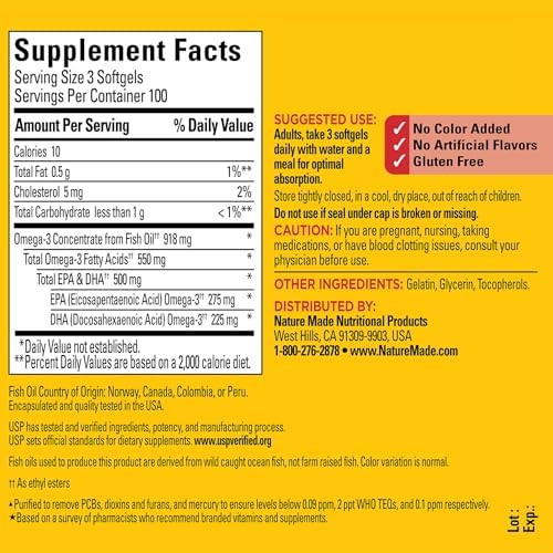 Nature Made Omega 3 Fish Oil bottle showing supplement facts label
