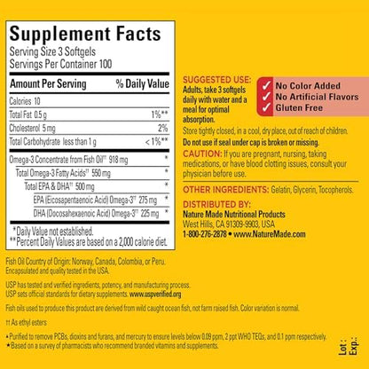 Nature Made Omega 3 Fish Oil bottle showing supplement facts label