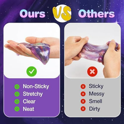 Close up view of the non sticky glittery texture of the cosmic stress relief putty.