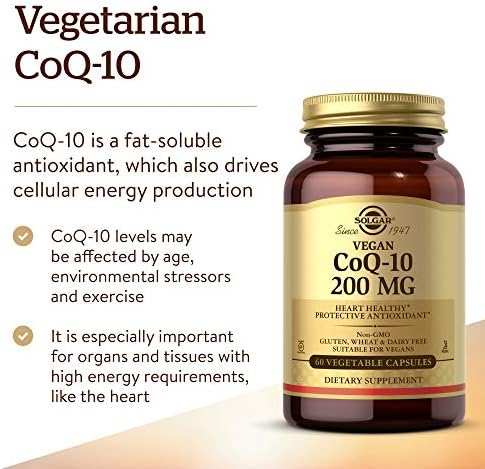 Premium USA imported Solgar CoQ10 packaging displaying the non-GMO and kosher certification labels