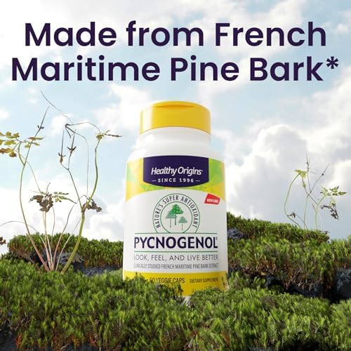 Healthy Origins Pycnogenol bottle angled display highlighting French maritime pine bark extract