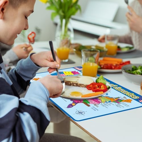 Detailed shot of the World Map educational placemat highlighting continents and international oceans for kids.