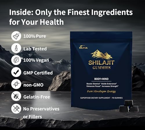Back label of DLNIA shilajit pouch showing the complete thirteen in one botanical ingredient list