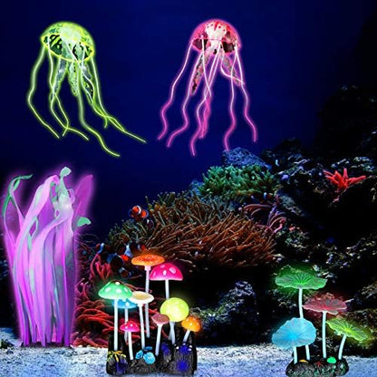 Frienda glowing aquarium ornaments package contents displaying all eight colorful sea creature replicas