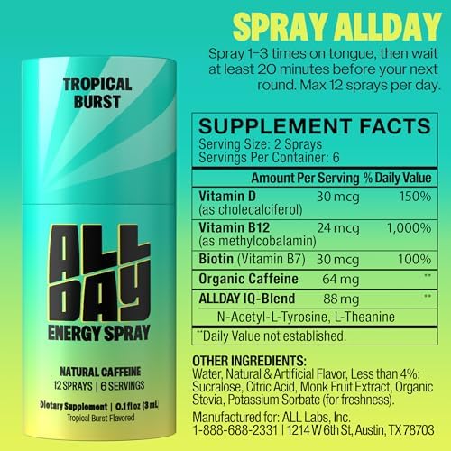 ALLDAY Caffeine Spray, Promotes Focus and Energy (Variety Pack, 4 Bottles, 48 Sprays) | 32mg Natural Caffeine per Spray | Pocket-Size Energy Shot with L-Theanine, Vitamin B12, & Vitamin D - Image 8