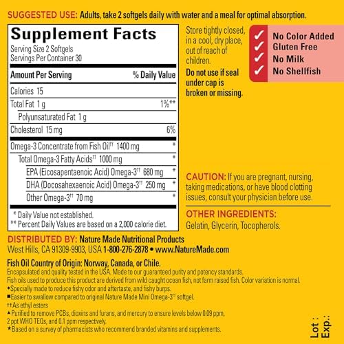 Authentic USA sourced Nature Made fish oil supplement bottle layout