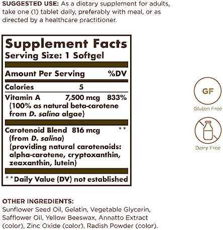 Solgar Naturally Sourced Beta Carotene antioxidant supplement side labels