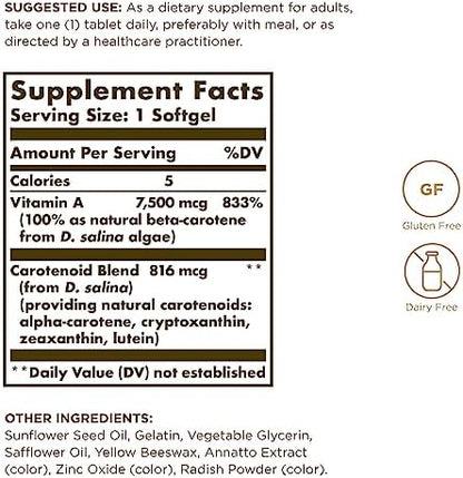 Solgar Naturally Sourced Beta Carotene antioxidant supplement side labels