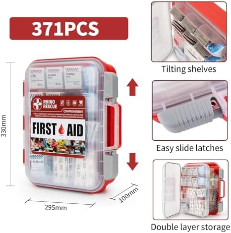 Organized medical supplies including bandages and antiseptic wipes inside the Rhino Rescue emergency box.