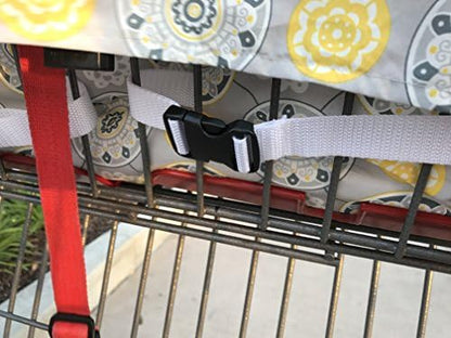 Twinventions double grocery cart fabric cover spread flat to demonstrate the secure four leg hole alignment.