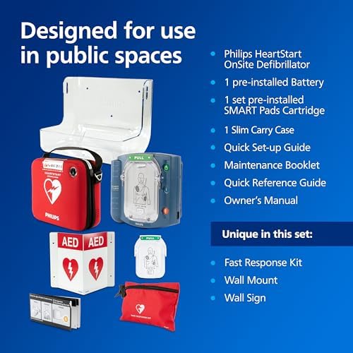 HeartStart OnSite Defibrillator in slim carry case for portability.