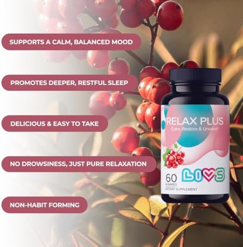 LIVS Relax Plus Gummies open container showing red berry flavored gummies