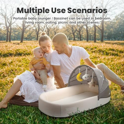 Bnakkon newborn co-sleeper pod with the detachable canopy and star-patterned mosquito net attached