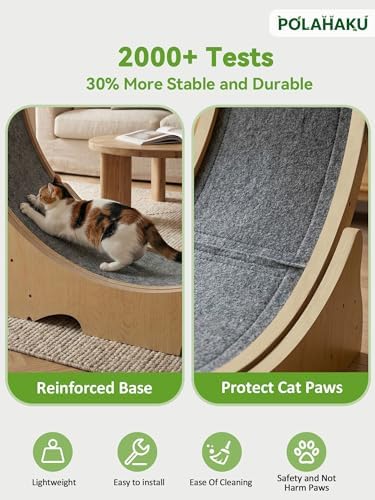 POLAHAKU 48 inch diameter cat fitness treadmill displaying full assembly kit accessories