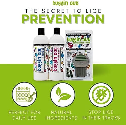 Buggin Out sulfate free shampoo bottle next to hair care accessories