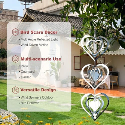 Stainless steel bird deterrents hanging on outdoor patio