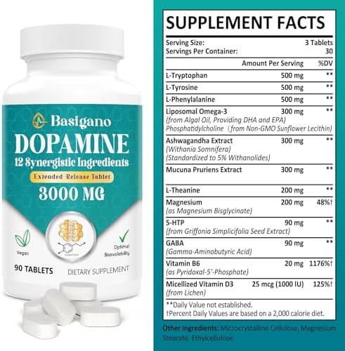 Premium imported Basigano dopamine support supplement bottles for stress relief and focus