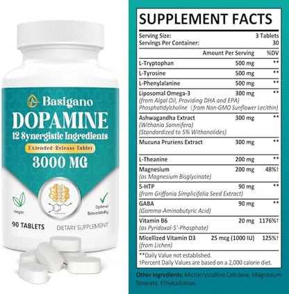 Premium imported Basigano dopamine support supplement bottles for stress relief and focus