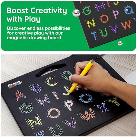 Educational letter tracing guide on PicassoTiles magnetic board.