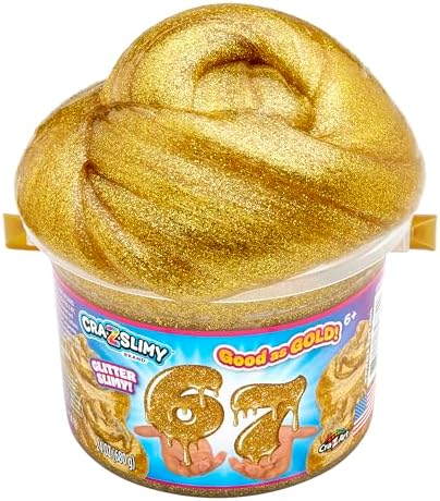 Side angle of Cra-Z-Art metallic gold glitter slime being stretched out of its bucket.
