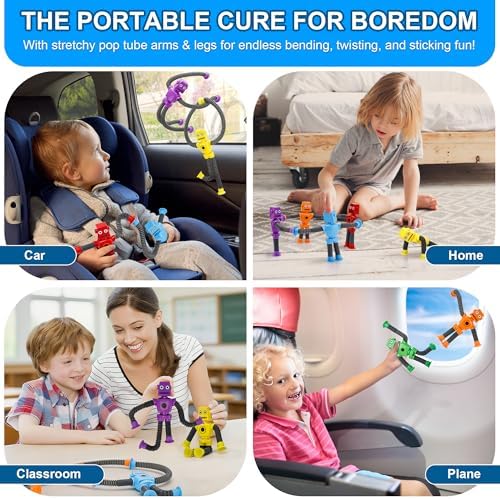 Toddler playing with non toxic imported stress relief robot fidget toys in a car