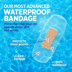Back packaging details of BAND-AID clear square spot sterile bandages highlighting waterproof wound care features.