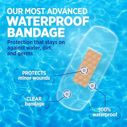 Back packaging details of BAND-AID clear square spot sterile bandages highlighting waterproof wound care features.