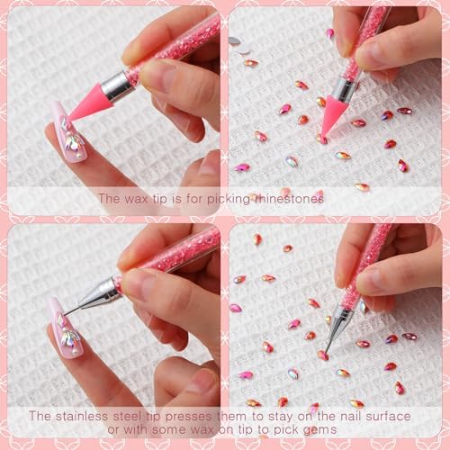 Ergonomic rhinestone filled acrylic handle applicator pen being held comfortably for precision craft work