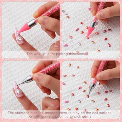 Ergonomic rhinestone filled acrylic handle applicator pen being held comfortably for precision craft work