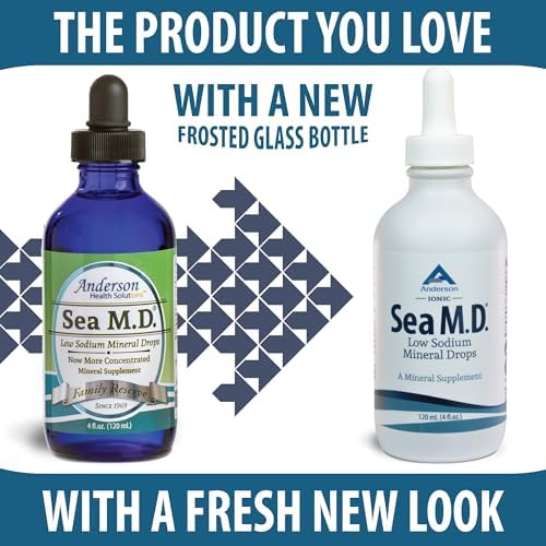 Anderson Sea MD Concentrated Mineral Drops with magnesium showing supplement facts and low sodium formulation details