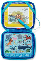 Toddler educational toy components organized completely inside the closed blue zippered travel binder.