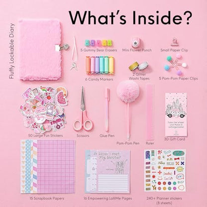 Happy Lolli lockable fuzzy diary and stationery accessories spread