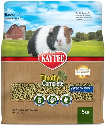 Kaytee Timothy Complete high fiber pellets for small animals highlighting digestive health benefits.