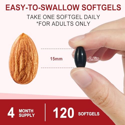 Side angle of non-GMO astaxanthin softgels showing 120 capsules label for eye and skin health.