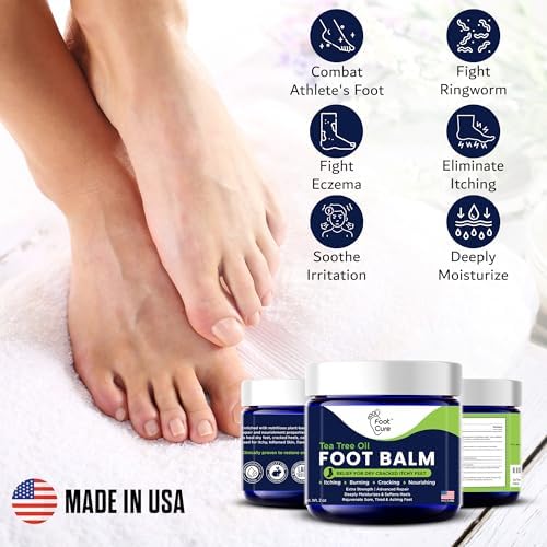Applying Foot Cure tea tree balm to cracked heels for hydration and healing