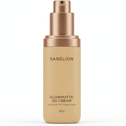 SARELION GlowMatte DD Cream front view of the 35g tube demonstrating a premium matte finish skin tint packaging.