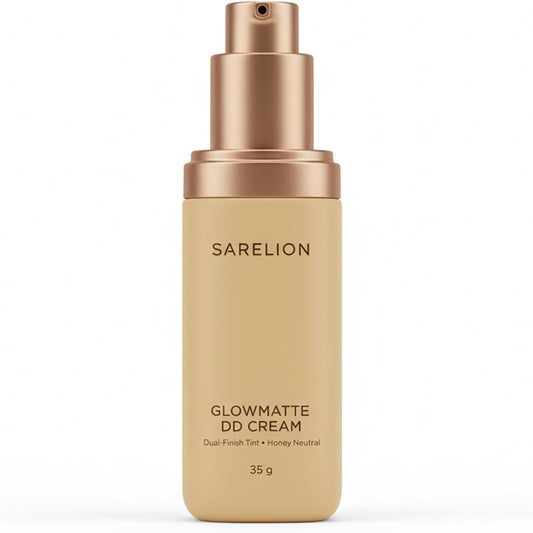 SARELION GlowMatte DD Cream front view of the 35g tube demonstrating a premium matte finish skin tint packaging.